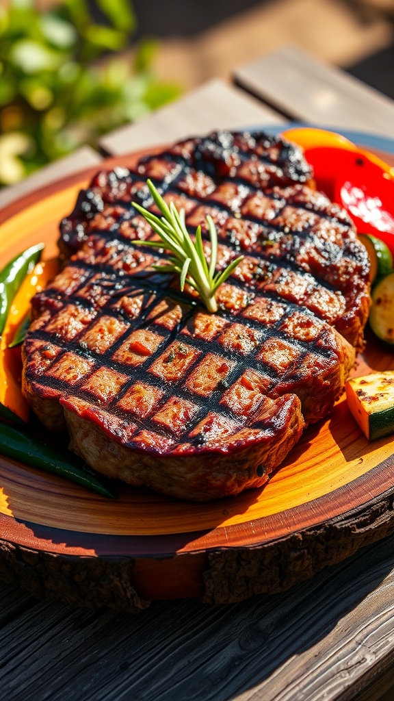 Juicy grilled ribeye steak with grilled vegetables on a rustic plate, garnished with rosemary.